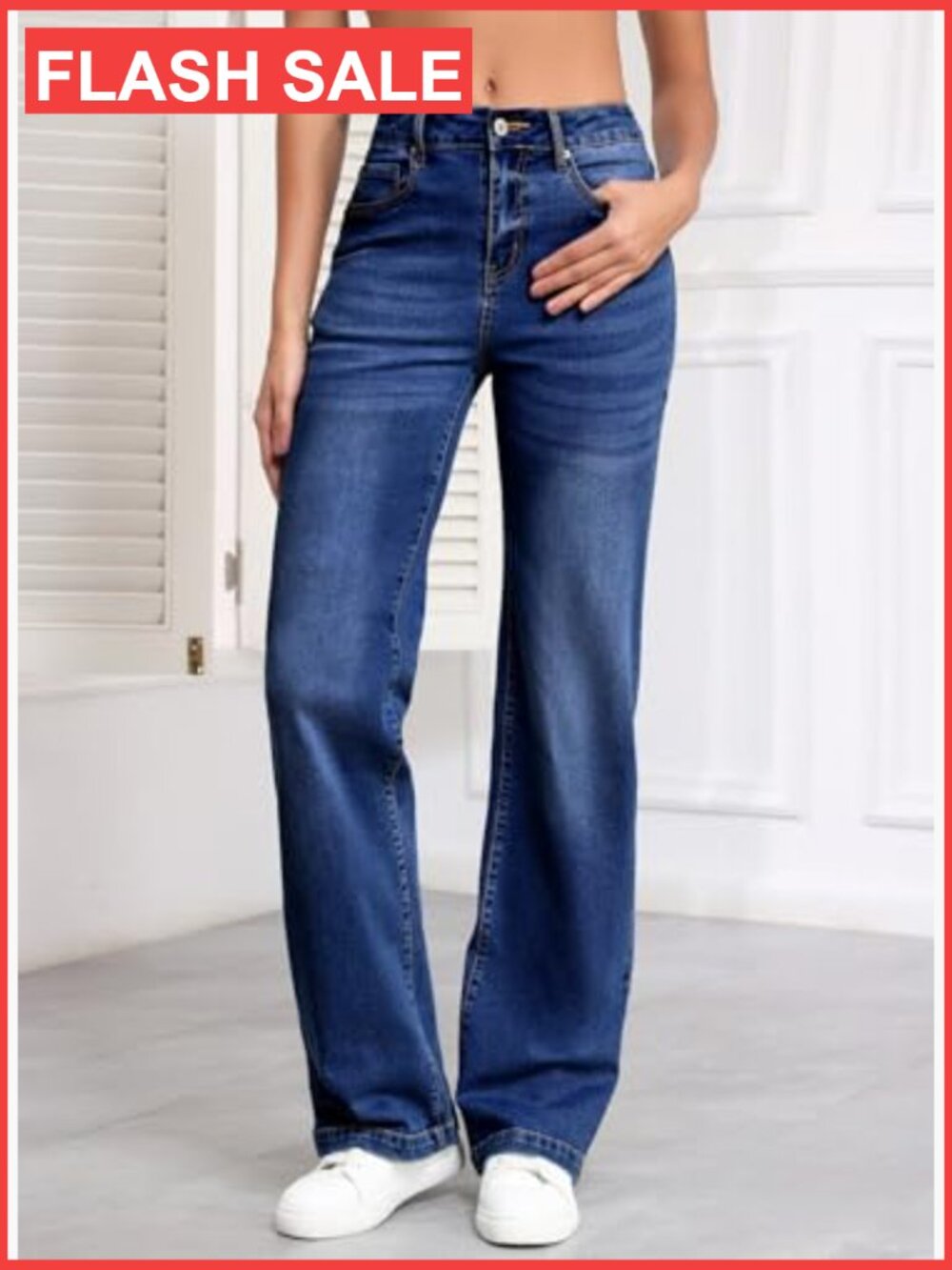 High Waisted Wide Leg Jeans Straight Leg Denim Pants with Pockets - Picture 4 of 7